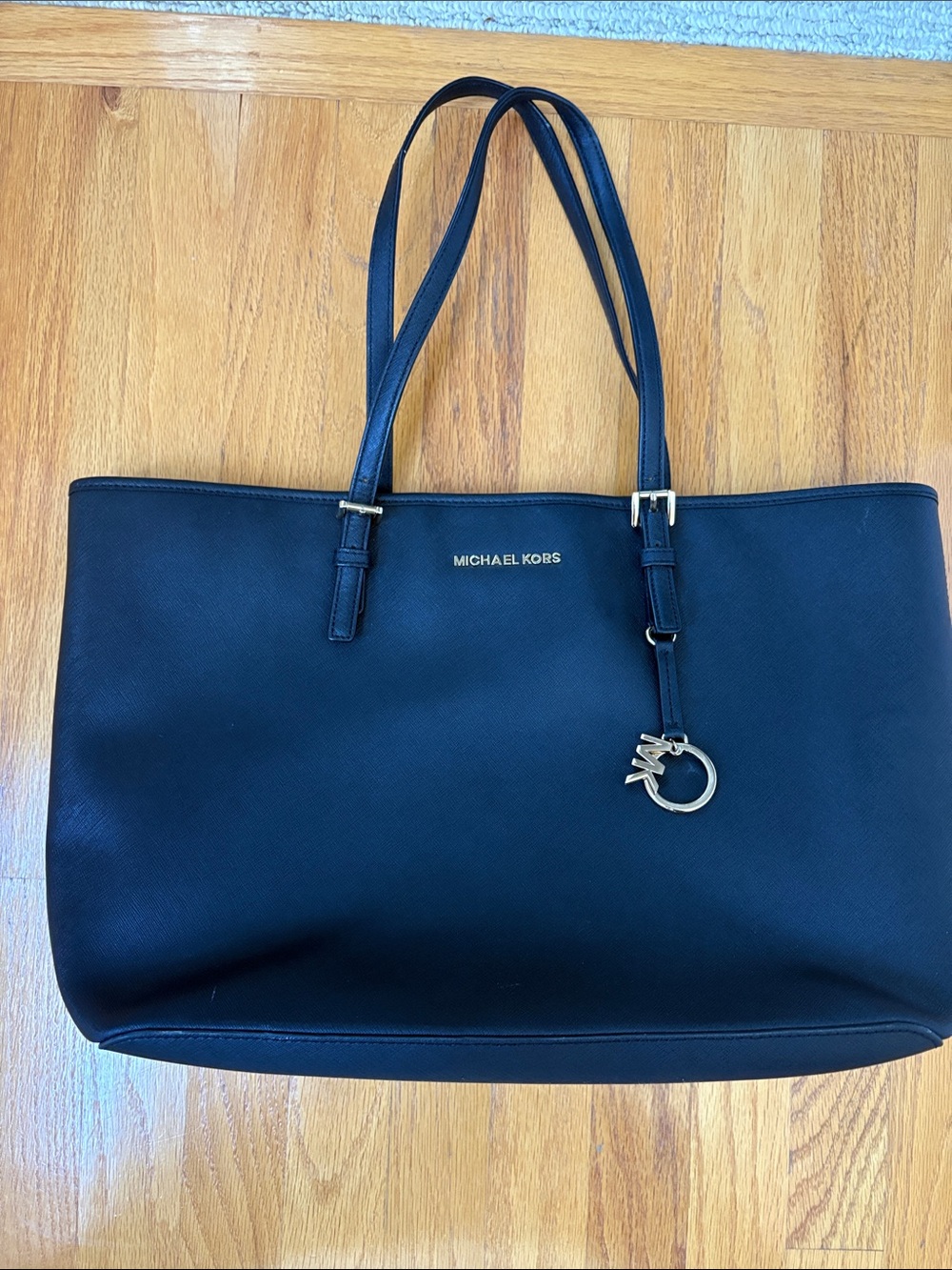 Michael Kors Black Leather Double-Handle Tote with Gold Charm